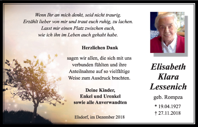  Traueranzeige für Elisabeth Klara Lessenich vom 29.12.2018 aus  Sonntags-Post 