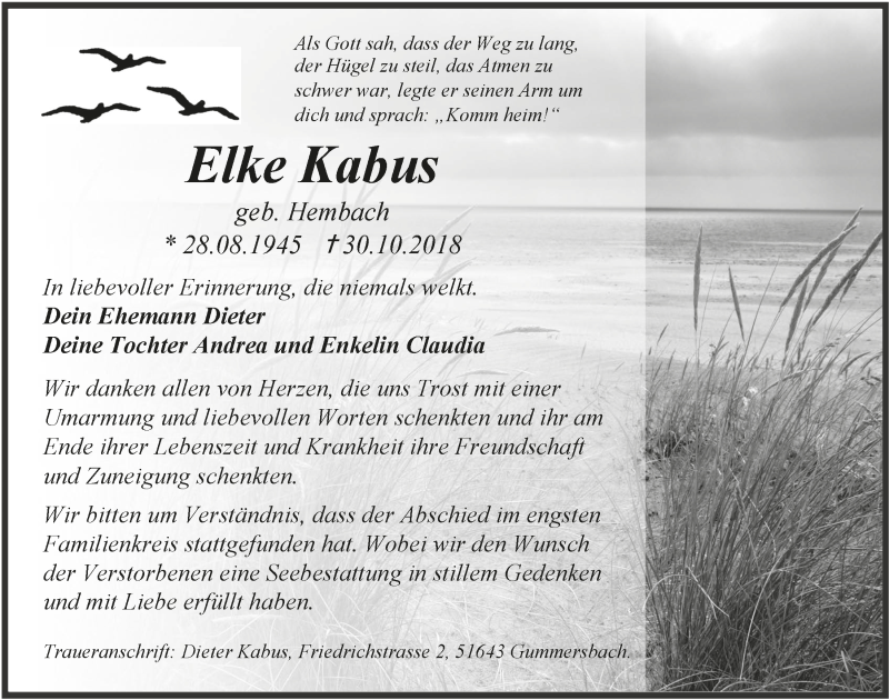  Traueranzeige für Elke Kabus vom 05.12.2018 aus  Anzeigen Echo 