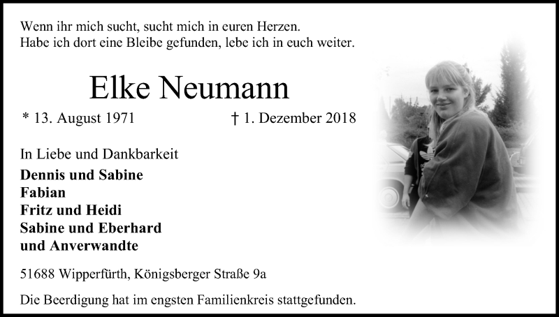  Traueranzeige für Elke Neumann vom 14.12.2018 aus Kölner Stadt-Anzeiger / Kölnische Rundschau / Express