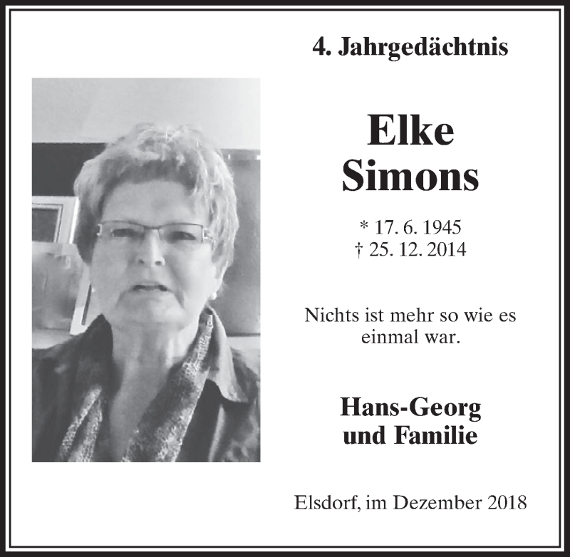  Traueranzeige für Elke Simons vom 22.12.2018 aus  Sonntags-Post 