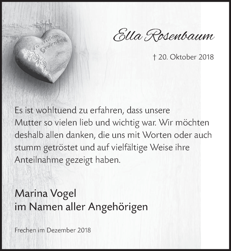  Traueranzeige für Ella Rosenbaum vom 12.12.2018 aus  Wochenende 