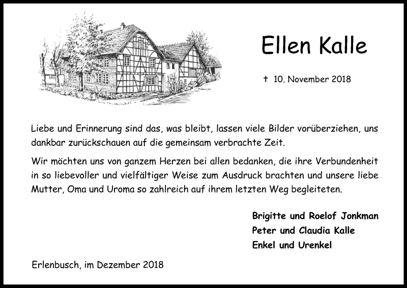  Traueranzeige für Ellen Kalle vom 22.12.2018 aus Kölner Stadt-Anzeiger / Kölnische Rundschau / Express