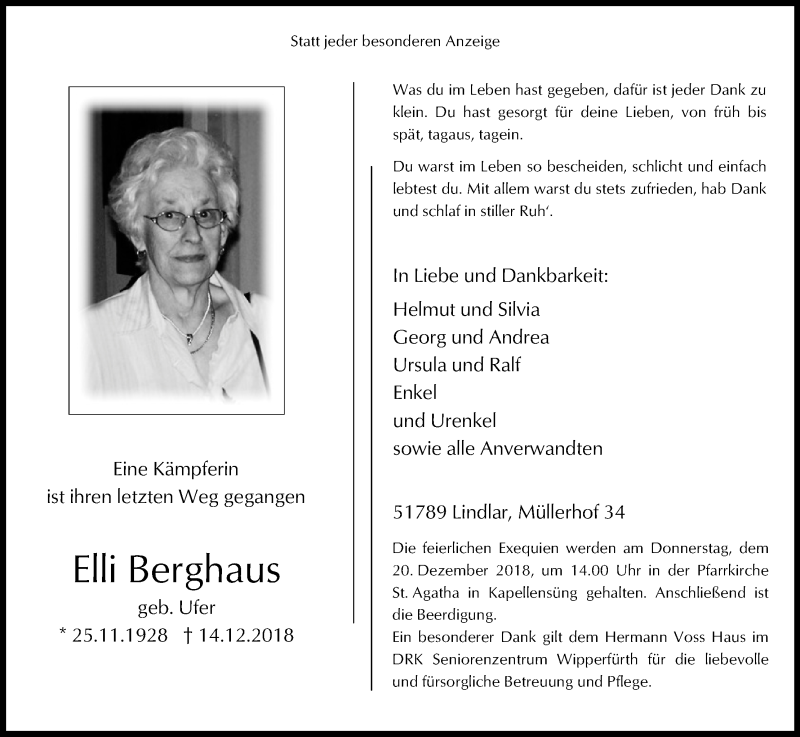  Traueranzeige für Elli Berghaus vom 18.12.2018 aus Kölner Stadt-Anzeiger / Kölnische Rundschau / Express