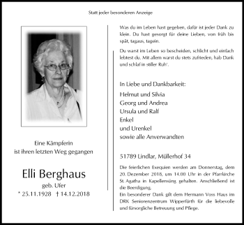 Anzeige von Elli Berghaus von Kölner Stadt-Anzeiger / Kölnische Rundschau / Express