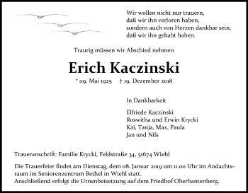 Anzeige von Erich Kaczinski von Kölner Stadt-Anzeiger / Kölnische Rundschau / Express