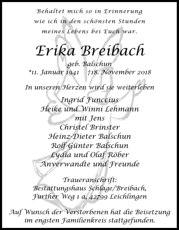 Anzeige von Erika Breibach von Kölner Stadt-Anzeiger / Kölnische Rundschau / Express