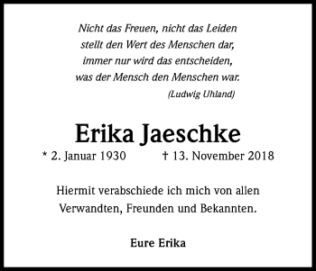 Anzeige von Erika Jaeschke von Kölner Stadt-Anzeiger / Kölnische Rundschau / Express