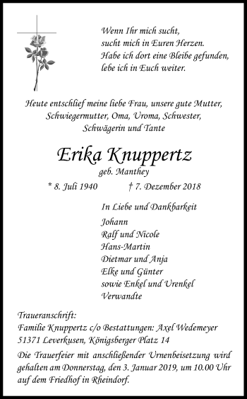 Anzeige von Erika Knuppertz von Kölner Stadt-Anzeiger / Kölnische Rundschau / Express