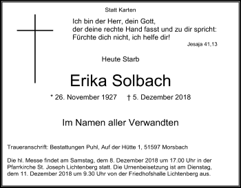 Anzeige von Erika Solbach von Kölner Stadt-Anzeiger / Kölnische Rundschau / Express