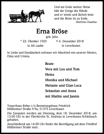 Anzeige von Erna Bröse von Kölner Stadt-Anzeiger / Kölnische Rundschau / Express