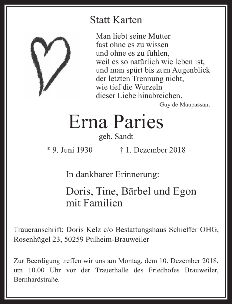  Traueranzeige für Erna Paries vom 05.12.2018 aus  Wochenende 