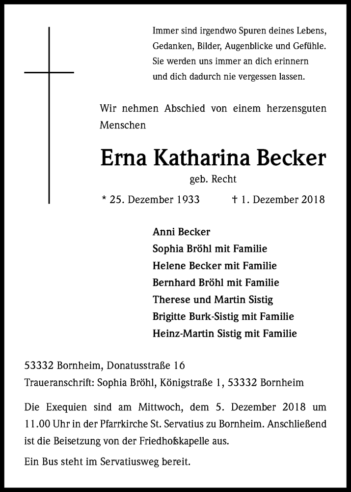  Traueranzeige für Erna Katharina Becker vom 04.12.2018 aus Kölner Stadt-Anzeiger / Kölnische Rundschau / Express