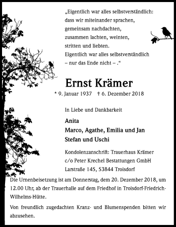 Anzeige von Ernst Krämer von Kölner Stadt-Anzeiger / Kölnische Rundschau / Express