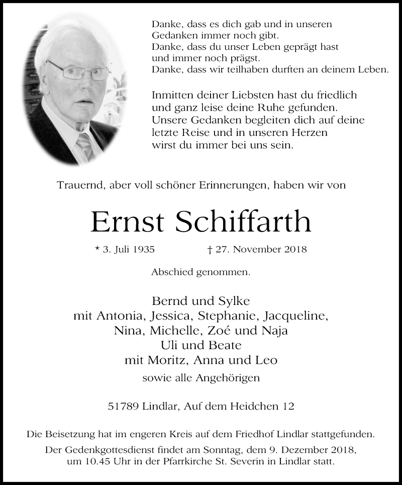  Traueranzeige für Ernst Schiffarth vom 08.12.2018 aus Kölner Stadt-Anzeiger / Kölnische Rundschau / Express