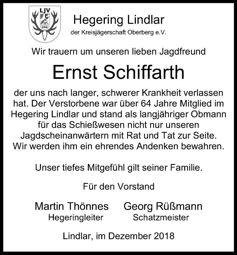  Traueranzeige für Ernst Schiffarth vom 12.12.2018 aus Kölner Stadt-Anzeiger / Kölnische Rundschau / Express