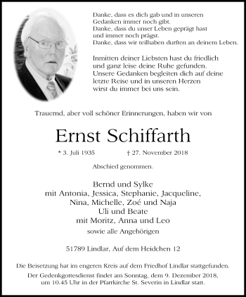 Anzeige von Ernst Schiffarth von Kölner Stadt-Anzeiger / Kölnische Rundschau / Express