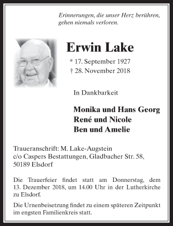 Anzeige von Erwin Lake von  Werbepost 
