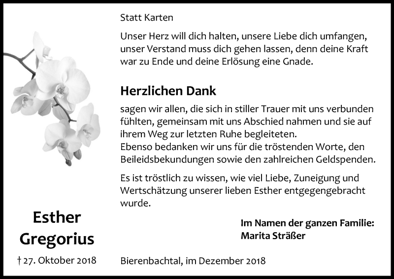  Traueranzeige für Esther Gregorius vom 15.12.2018 aus Kölner Stadt-Anzeiger / Kölnische Rundschau / Express