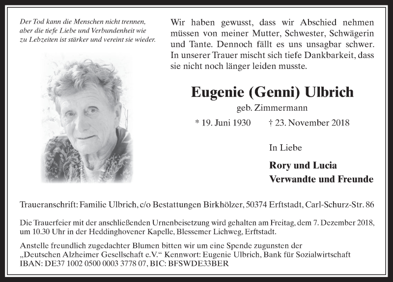  Traueranzeige für Eugenie Ulbrich vom 05.12.2018 aus  Werbepost 