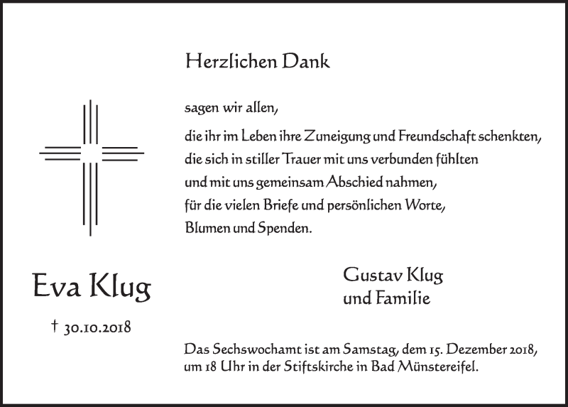  Traueranzeige für Eva Klug vom 08.12.2018 aus  Schlossbote/Werbekurier 