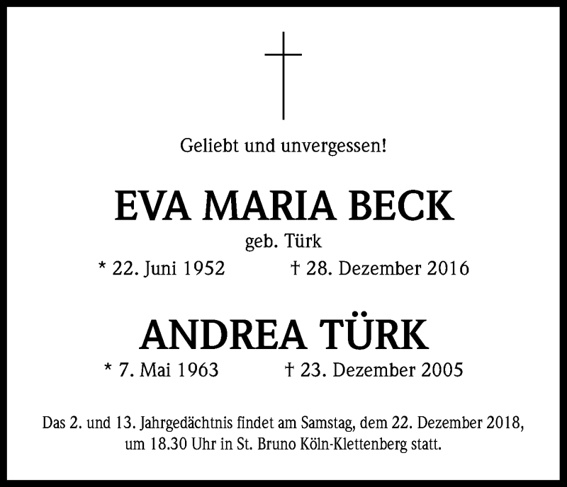  Traueranzeige für Eva Maria Beck vom 19.12.2018 aus Kölner Stadt-Anzeiger / Kölnische Rundschau / Express