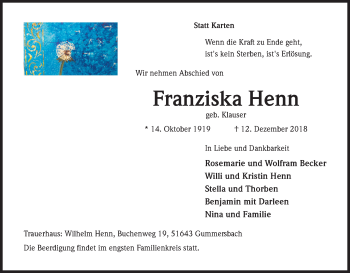 Anzeige von FRanziska Henn von Kölner Stadt-Anzeiger / Kölnische Rundschau / Express