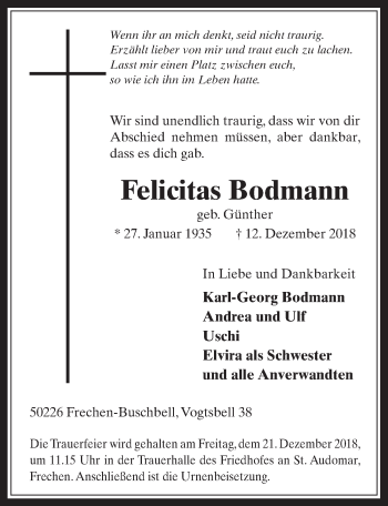 Anzeige von Felicitas Bodmann von  Wochenende 