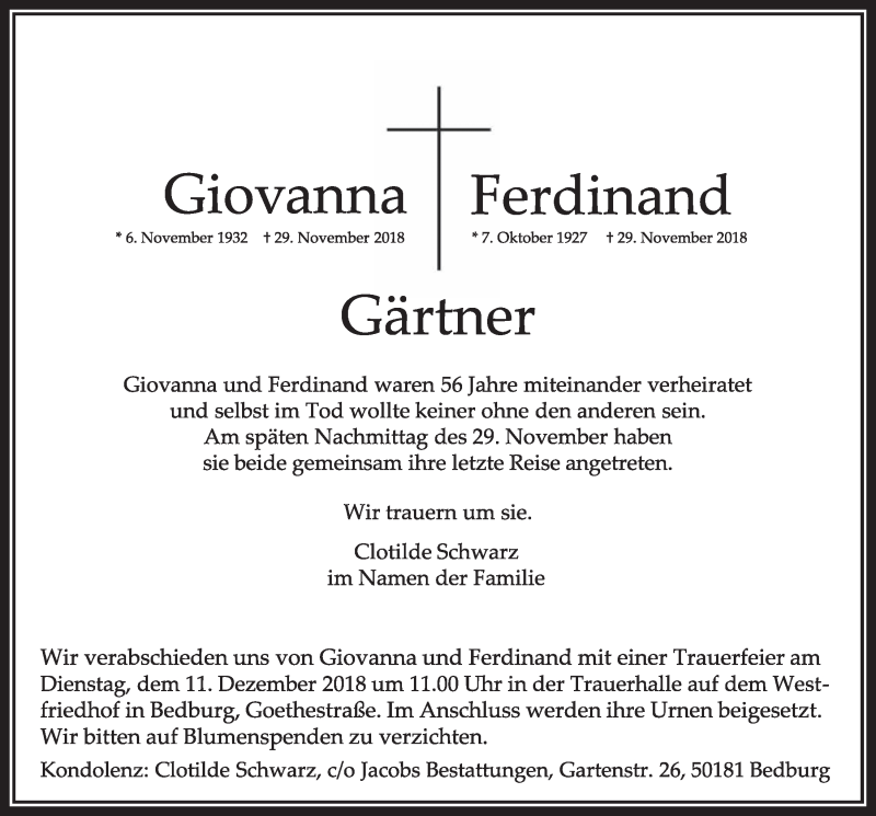  Traueranzeige für Ferdinand Gärtner vom 08.12.2018 aus  Sonntags-Post 