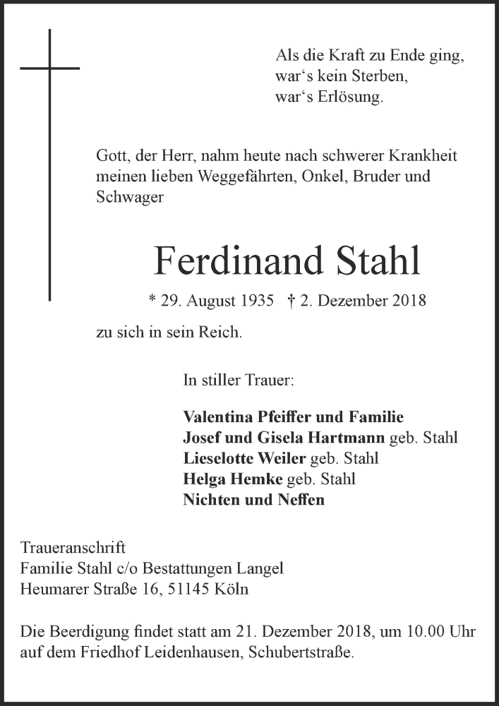  Traueranzeige für Ferdinand Stahl vom 12.12.2018 aus  Kölner Wochenspiegel 