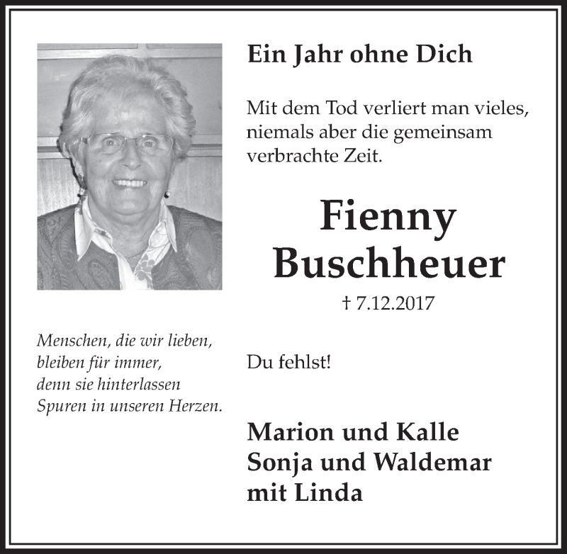  Traueranzeige für Fienny Buschheuer vom 05.12.2018 aus  Schlossbote/Werbekurier 