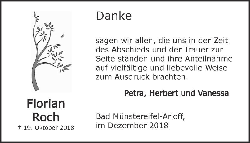  Traueranzeige für Florian Roch vom 22.12.2018 aus  Blickpunkt Euskirchen 