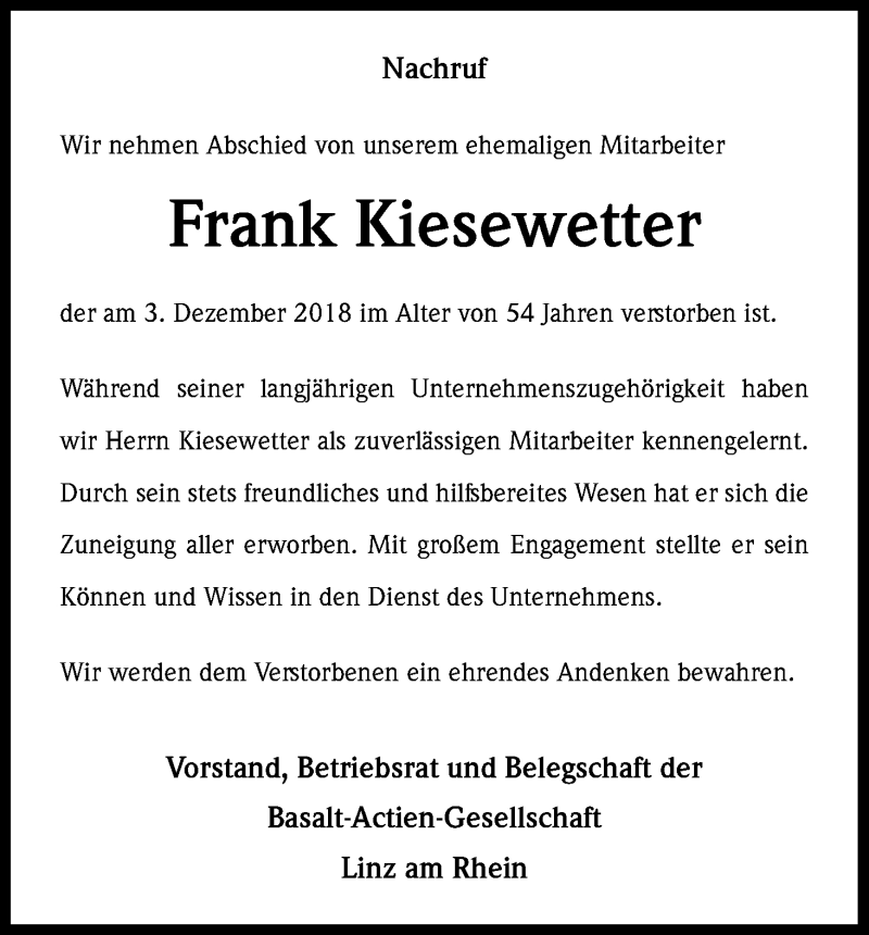  Traueranzeige für Frank Kiesewetter vom 12.12.2018 aus Kölner Stadt-Anzeiger / Kölnische Rundschau / Express