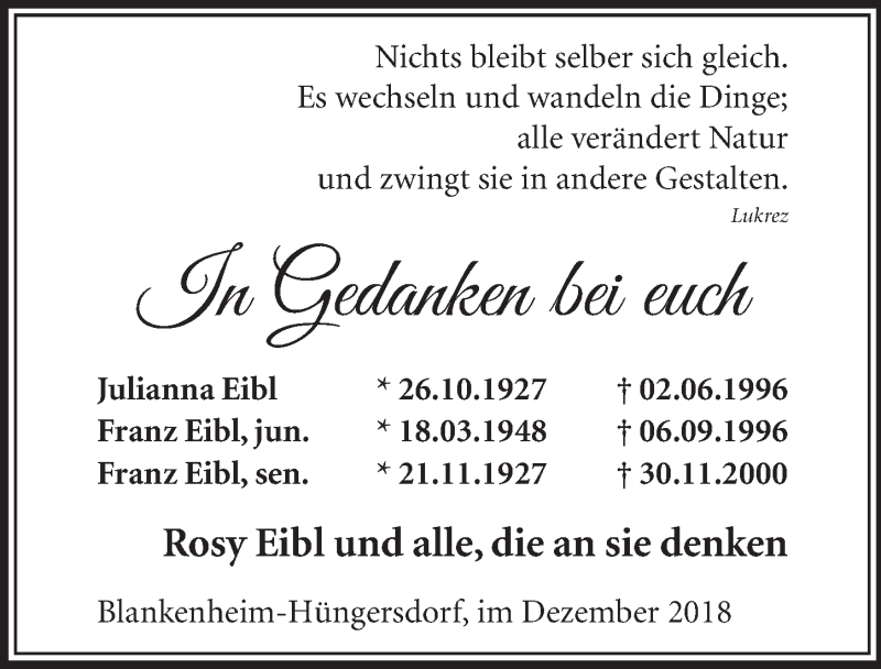  Traueranzeige für Franz Eibl vom 19.12.2018 aus  Schlossbote/Werbekurier 