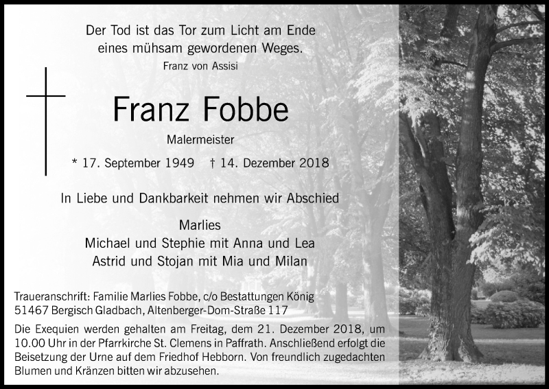  Traueranzeige für Franz Fobbe vom 18.12.2018 aus Kölner Stadt-Anzeiger / Kölnische Rundschau / Express