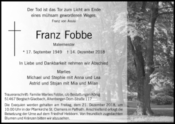 Anzeige von Franz Fobbe von Kölner Stadt-Anzeiger / Kölnische Rundschau / Express