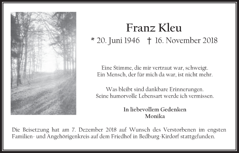  Traueranzeige für Franz Kleu vom 12.12.2018 aus  Werbepost 