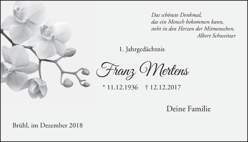  Traueranzeige für Franz Mertens vom 12.12.2018 aus  Schlossbote/Werbekurier 