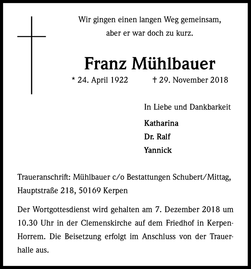  Traueranzeige für Franz Mühlbauer vom 05.12.2018 aus Kölner Stadt-Anzeiger / Kölnische Rundschau / Express
