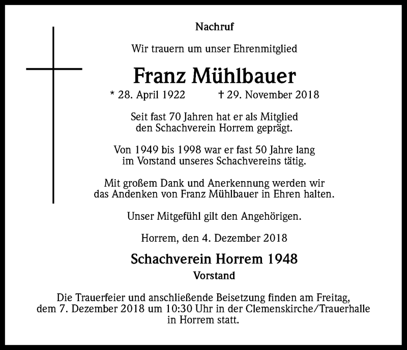  Traueranzeige für Franz Mühlbauer vom 06.12.2018 aus Kölner Stadt-Anzeiger / Kölnische Rundschau / Express