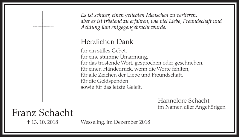  Traueranzeige für Franz Schacht vom 05.12.2018 aus  Schlossbote/Werbekurier 