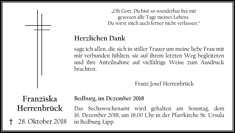  Traueranzeige für Franziska Herrenbrück vom 13.12.2018 aus Kölner Stadt-Anzeiger / Kölnische Rundschau / Express