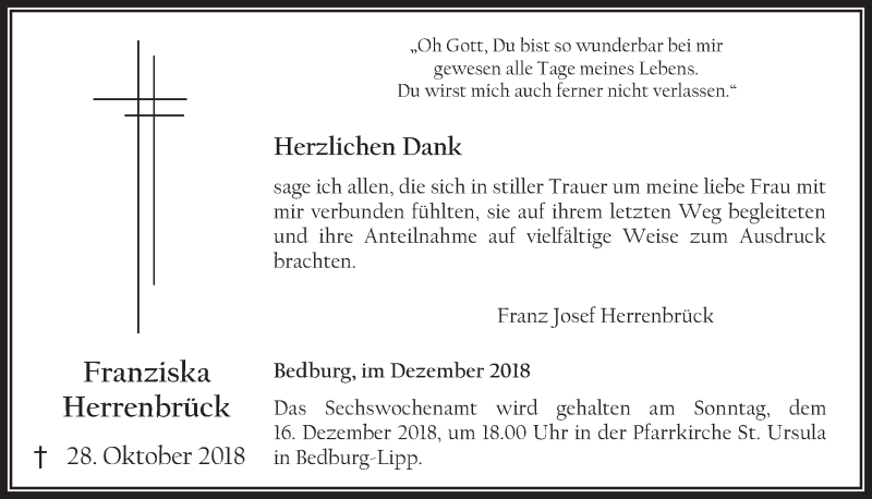  Traueranzeige für Franziska Herrenbrück vom 12.12.2018 aus  Werbepost 