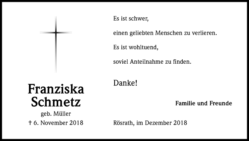  Traueranzeige für Franziska Schmetz vom 29.12.2018 aus Kölner Stadt-Anzeiger / Kölnische Rundschau / Express