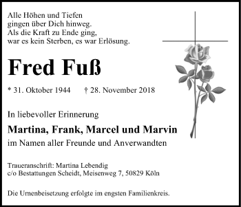 Anzeige von Fred Fuß von Kölner Stadt-Anzeiger / Kölnische Rundschau / Express