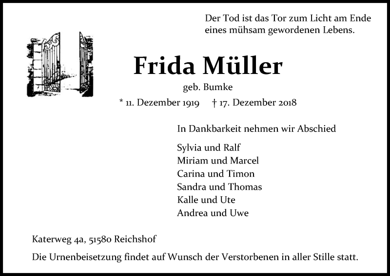 Traueranzeige für Frida Müller vom 22.12.2018 aus Kölner Stadt-Anzeiger / Kölnische Rundschau / Express