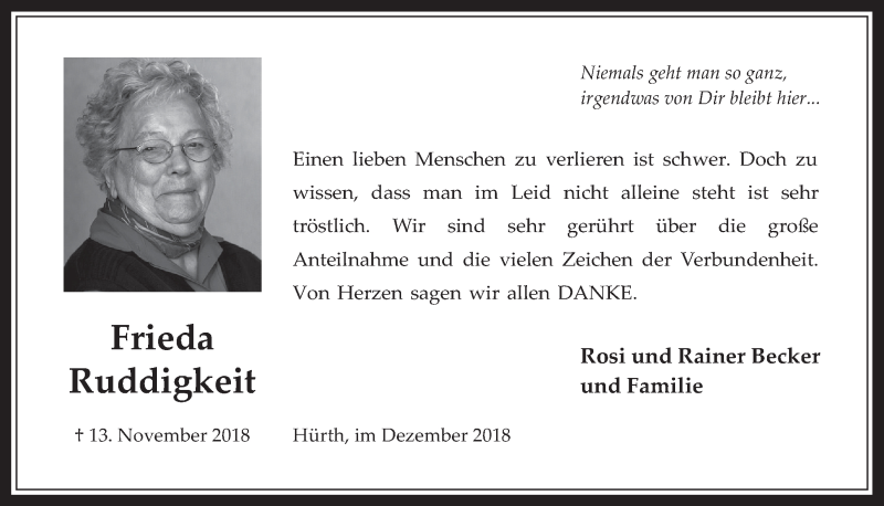  Traueranzeige für Frieda Ruddigkeit vom 19.12.2018 aus  Wochenende 