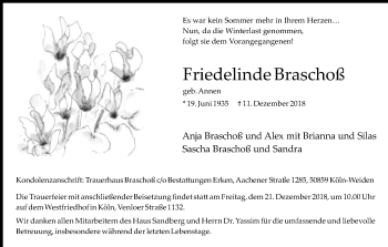 Anzeige von Friedelinde Braschoß von Kölner Stadt-Anzeiger / Kölnische Rundschau / Express
