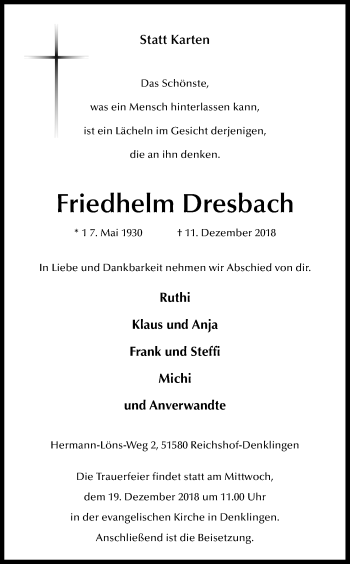 Anzeige von Friedhelm Dresbach von Kölner Stadt-Anzeiger / Kölnische Rundschau / Express