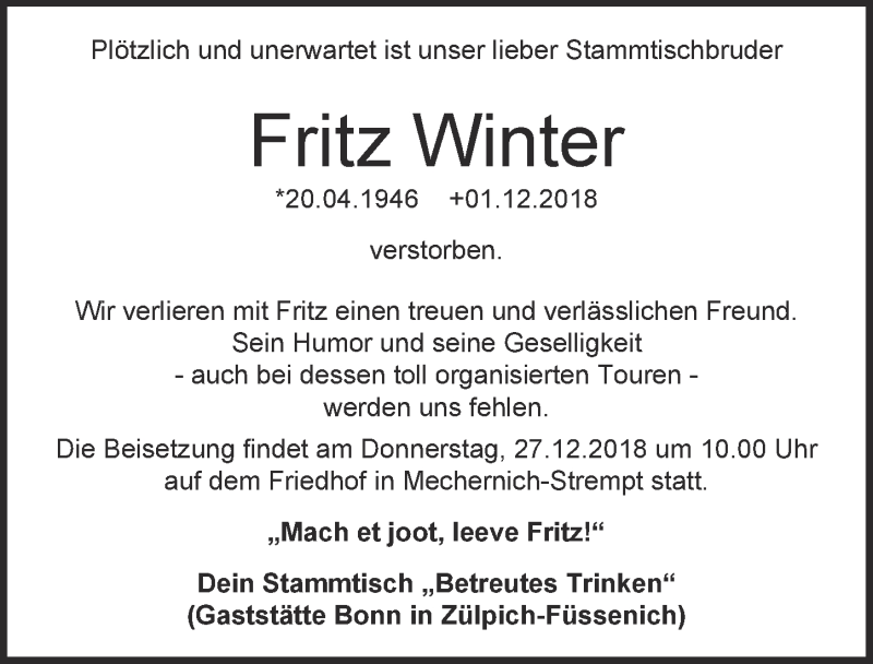  Traueranzeige für Fritz Winter vom 15.12.2018 aus  Blickpunkt Euskirchen 