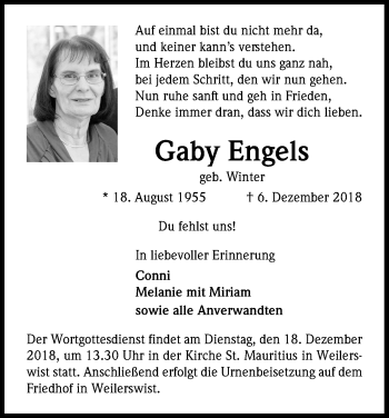 Anzeige von Gaby Engels von Kölner Stadt-Anzeiger / Kölnische Rundschau / Express